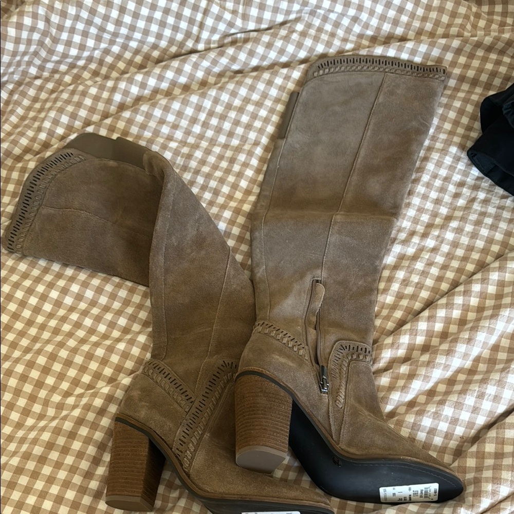 Vince Camuto Tan Suede Heeled Boots with Chunky Heel